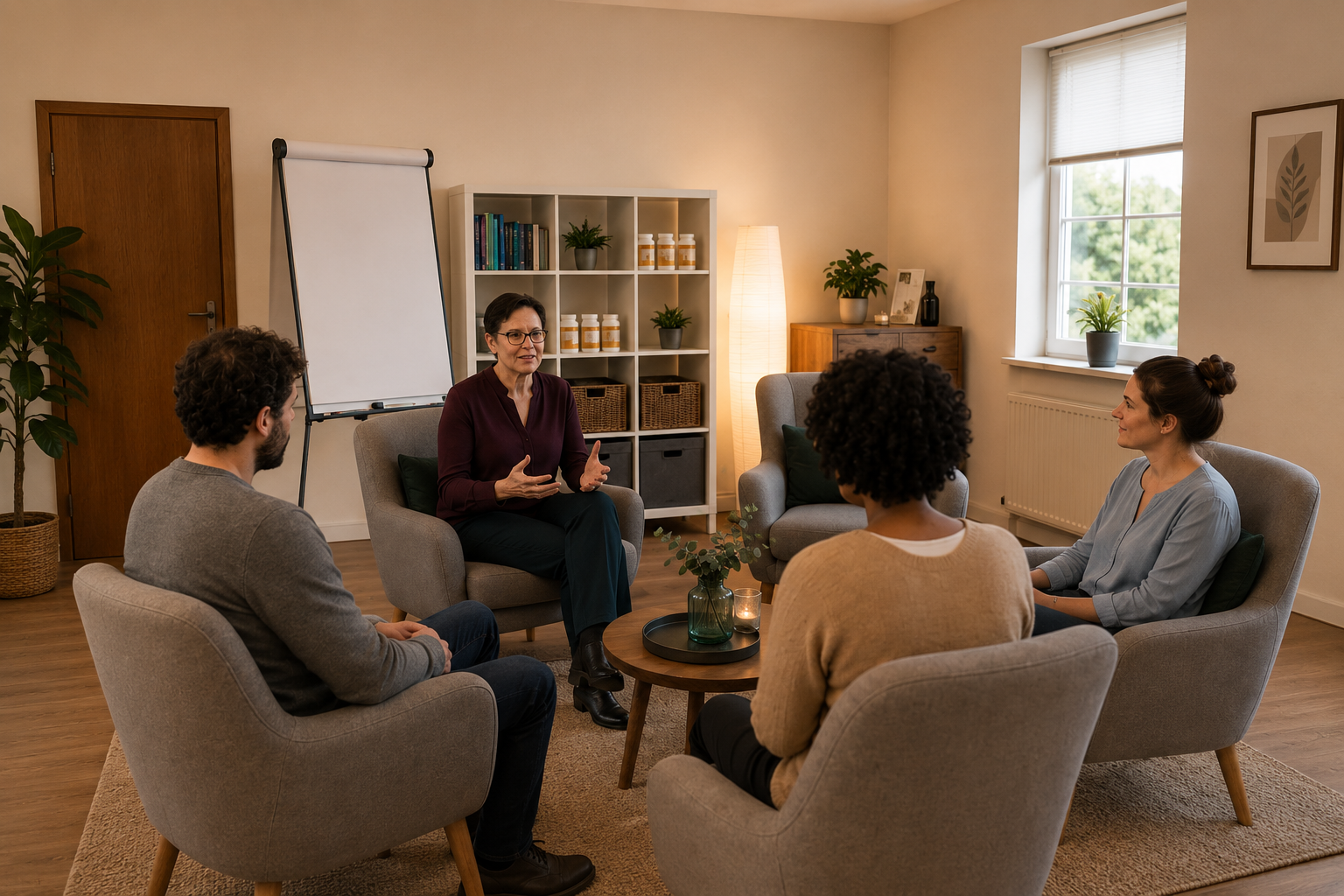 Teamsupervision in einem Praxisraum – Supervisorin im Gespräch mit einer Arbeitsgruppe vor einem Flipchart.