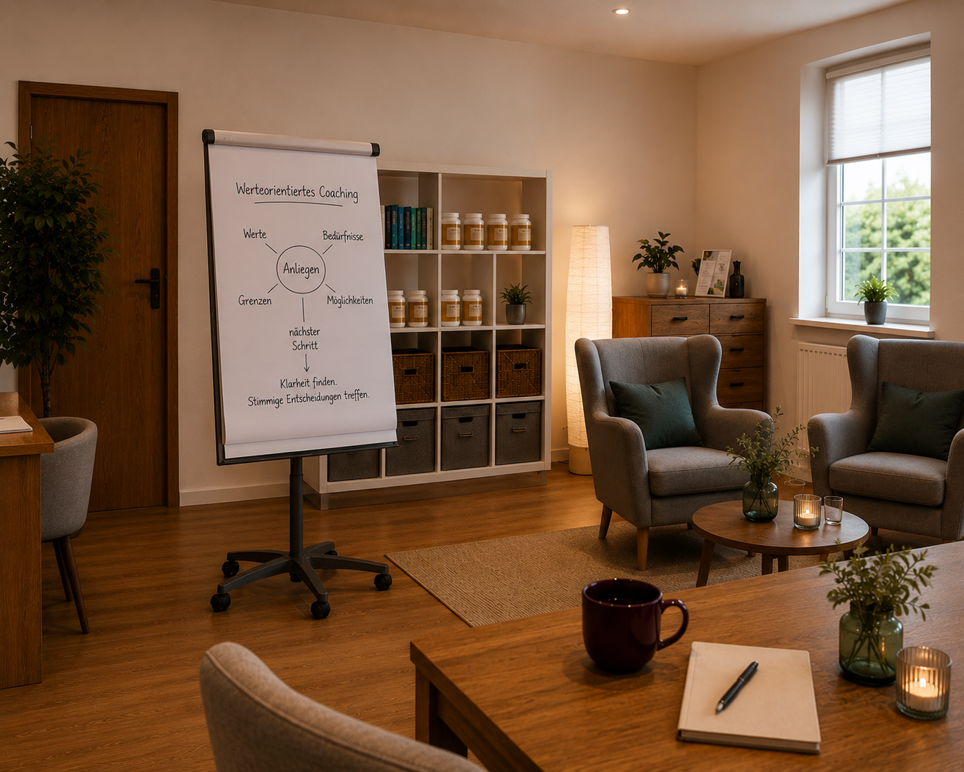 Praxisraum mit Flipchart „Werteorientiertes Coaching“ – Werte, Bedürfnisse, Grenzen, Möglichkeiten